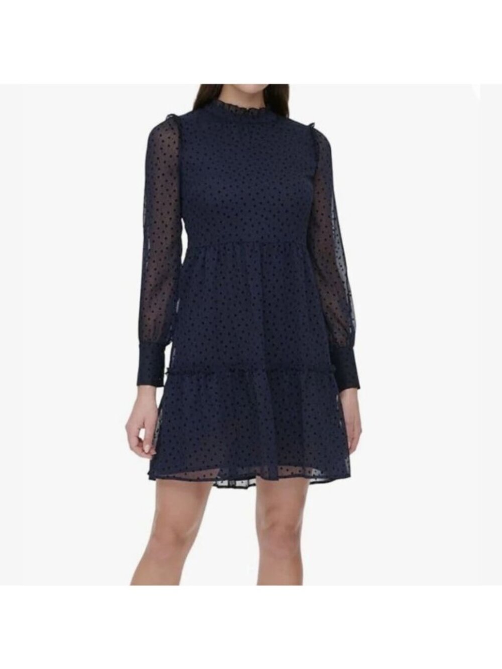 NWT Tommy Hilfiger Womens Navy Ruffle Neck Long Sleeve A-Line Dress Size 12